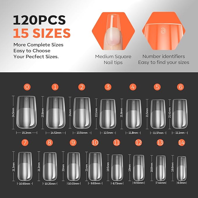 modelones Pro Luxe Instant Nail Apex Tips 15 Sizes, Medium Square Extension Gel Tips Pre-building & Pre-etched Thicker Strength Acrylic Fake Nails Full Cover 120 Pcs
