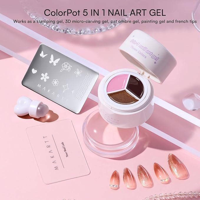 Makartt 5-in-1 Nail Art Gel: ColorPot 3 Colors Gel Nail Polish No Wipe with Nail Stamp for Stamping, French Tips, Ombre Patting, Painting & Sculpting with Silicone Head for DIY Home Salon Use