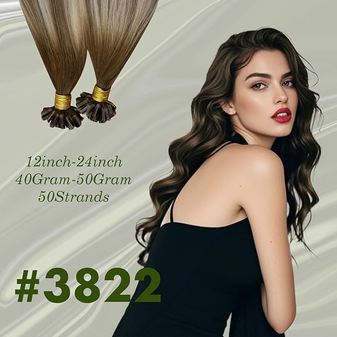 RUNATURE U Tip Hair Extensions Human Hair, Balayage Real Keratin Tip Extensions for Short Hair, Silky Remy Natural Hair, Hot Fusion Heat Resistant, 12 Inch 40g 50strands #3/8/22 Brown to Blonde
