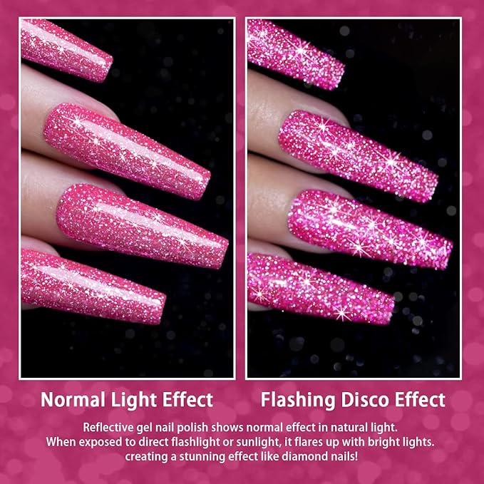 RARJSM Reflective Glitter Gel Nail Polish Sparkling Diamond Neon Pink Gel Polish Holographic Iridescent Shimmer L E D U V Soak Off Sparkle Hot Pink Gel Polish Nail Art Manicure Salon DIY at Home