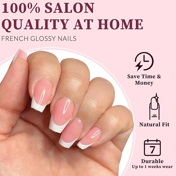 120PC White French Tip Press on Nails Short Fake Nails Press ons with 5*Adhesive Tabs, Pink Coffin Acrylic Nail Press on Nail French Tip Nails False Artificial Fingernails Stick on Nails-G