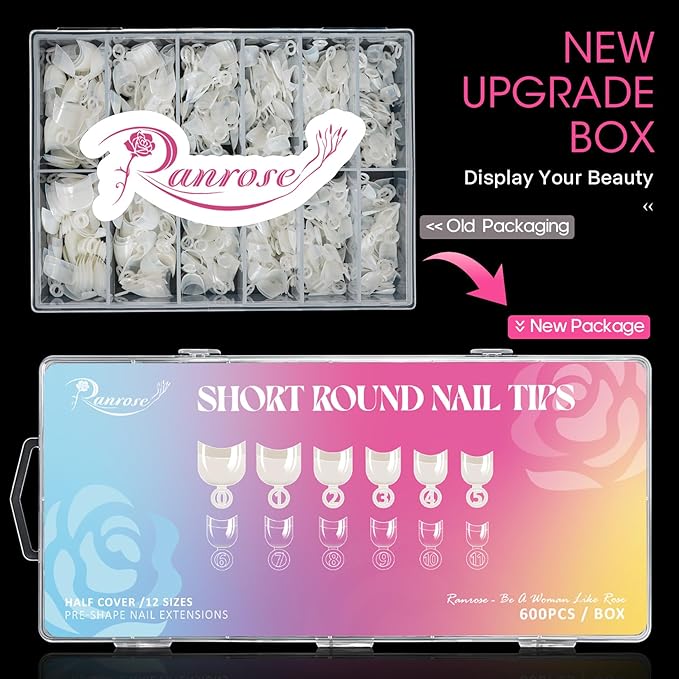 Ranrose 600pcs Short Nail Tips- Oval Half Cover False Tips 12 Sizes French Acrylic Nails for DIY Nail Salon