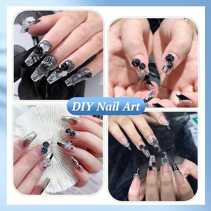 850 Pieces 3D Butterfly Rose Flower Bow Rabbit Bear Nail Charms Kit with Nail Art Rhinestones Pearls Crystal Gems Nail Slices for Manicure DIY Crafts Jewelry Accessories (Black)