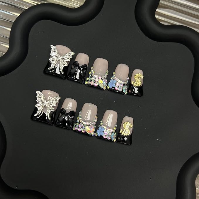 10pcs Handmade Press on Nails for Women - Medium Duck Curve 3D Thick Acrylic Fake Nails Reusable,Designer Floral Butterfly Rhinestones Bling Boho Funky Y2k Nail-art Set,XS,black