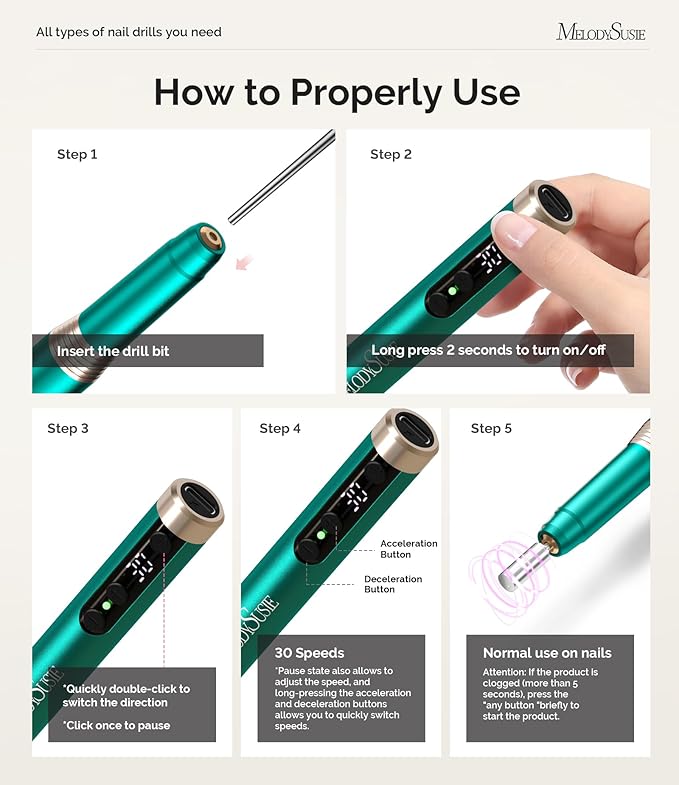 MelodySusie Pen-Shaped Ultra-Slim Cordless Nail Drill, PM170F 30000RPM Portable Rechargeable Electric File with LED Display for All Manicure, Nail Care, Shaping & Gel Removal for Advanced Home Use