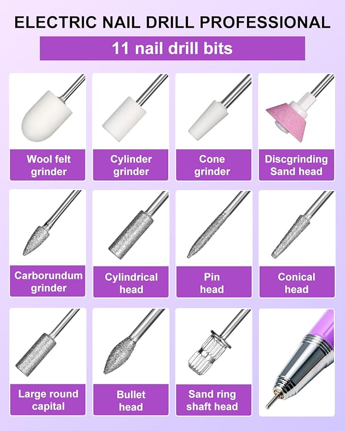Professional Electric Nail Drill Kits 45000RPM Gradient Purple Portable Cordless 3-in-1 Nail File Machine with Rechargeable Stand and Nail Lamp for Acrylic Gel Polish Removing Home & Salon Use