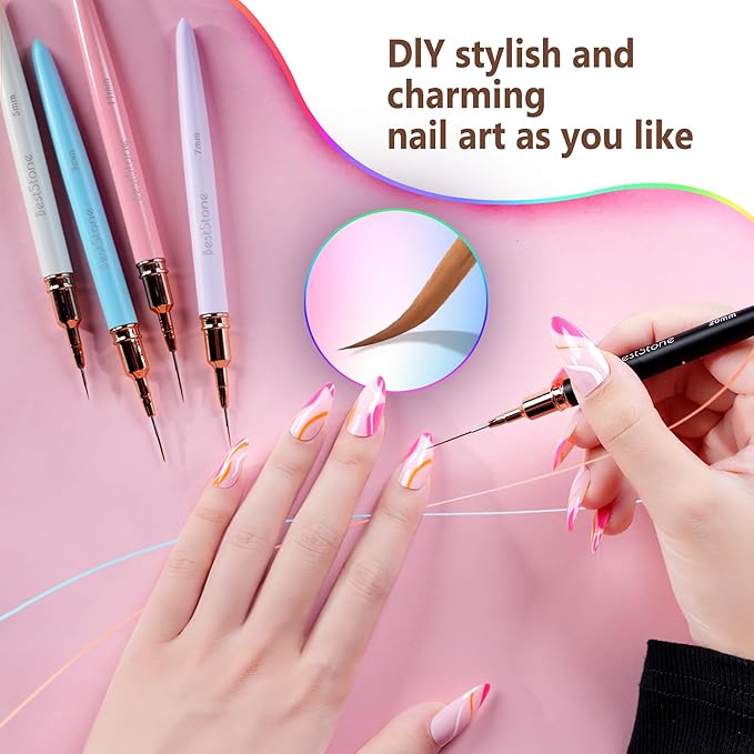 Nail Art Liner Brushes, 5Pcs Professional Gel Polish Painting Art Design Pen Set for Long Lines, Thin Details, Fine Drawing Sizes 5/7/9/11/20mm Nail Art Design Gift for Women(Multicolor)