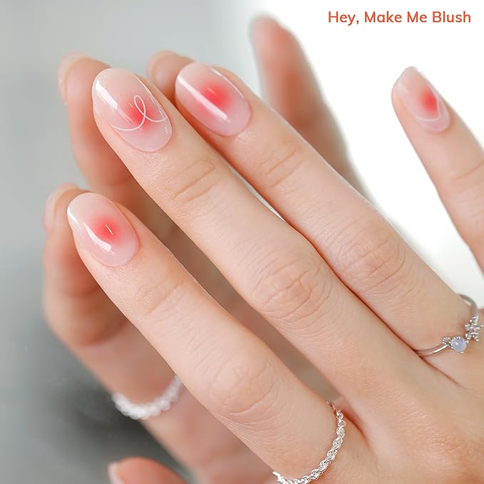 Heyhae Semi Cured Gel Nail Strips | No LED Lamp Needed | Ombre, Pink, Spring | Easy Apply & Remove, Salon Quality | Includes 28 Strips, 1 Prep Pads, Nail File & Wooden Stick - Hey, Make Me Blush