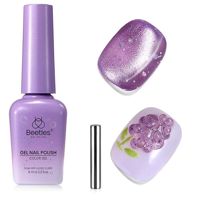 Beetles Iced Grape Essence Purple Cat Eye Gel Nail Polish - 9ML Glitter Purple Cat Eye Spring Gel Polish Magnetic Shimmer Effect Soak Off UV Nail Art Design Salon DIY Manicure Gift for Women