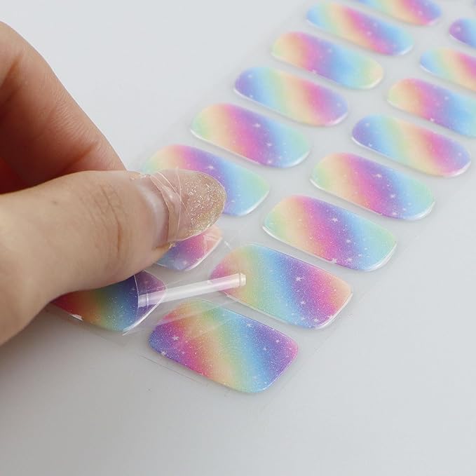 JMEOWIO Gel Nail Stickers Rainbow Glitter Semi Cured Gel Nail Strips Wraps UV/LED Nails Art Design Decoration Accessories