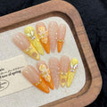 Extra Long Press on Nails Handmade Almond Nails with Glue,Nude Thick False Nails with Luxury Rhinestone 5D Flower Art Design Muti-Layer Gel Nail Press ons Handmade False Nails for Women (Size S)