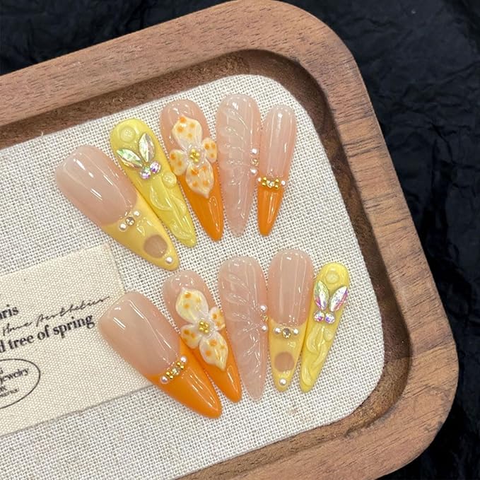 Extra Long Press on Nails Handmade Almond Nails with Glue,Nude Thick False Nails with Luxury Rhinestone 5D Flower Art Design Muti-Layer Gel Nail Press ons Handmade False Nails for Women (Size S)