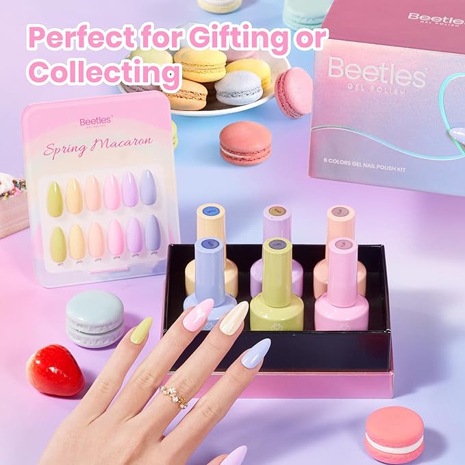 beetles Pastel Gel Polish Set - Spring Macaron Collection, 6 Colors 15ML Pastel Colors Easter Gel Polish with Color Swatch, Soak Off UV LED Spring Nail Art Kit for Women