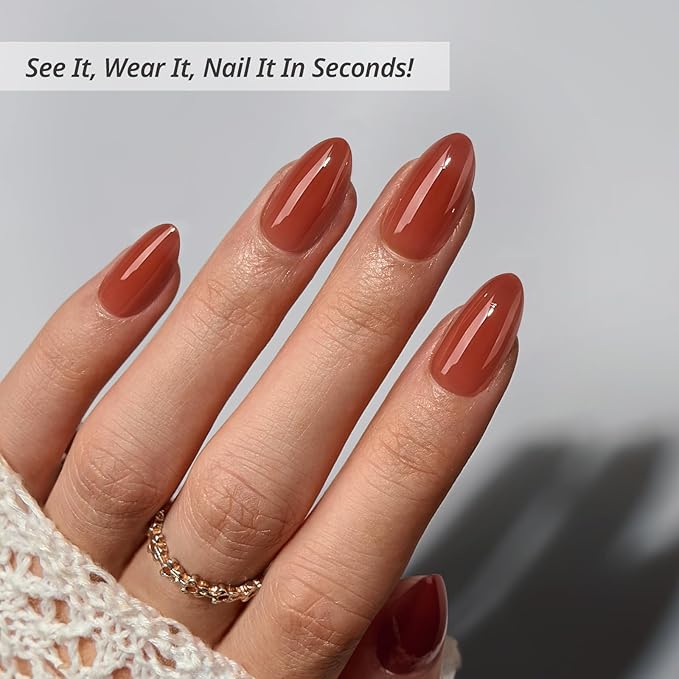 BTArtbox Press On Nails Short - Lamp-Curable Almond Press On Nails with Glue for Women, Semi-Transparent Soft Gel Glue On Nails in 16 Sizes - 32 Stick On Nails Kit, Spill Tea