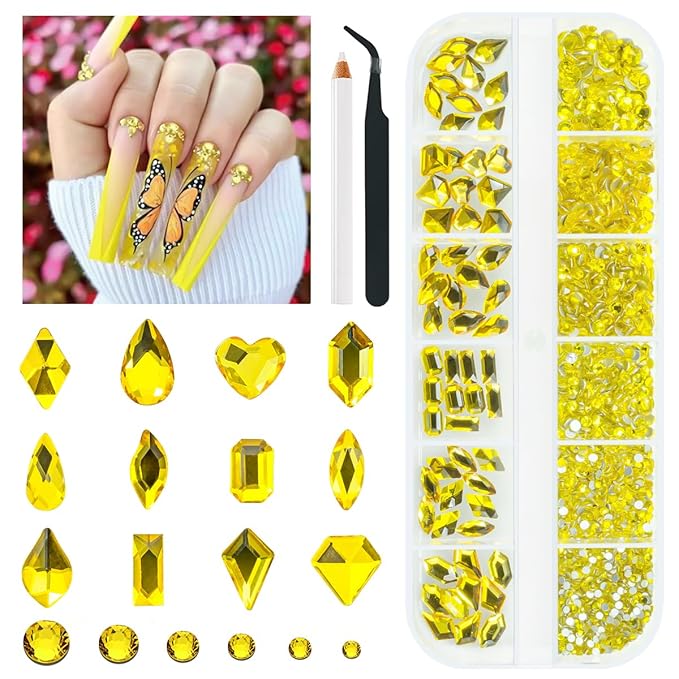 2052Pcs Golden Yellow Nail Rhinestones Kit 72 Multi Shapes Crystal Flatback Lemon Yellow Big Gems Round Beads K9 Glass Stones Diamonds jewels Charms for Nails Faces Eyes Makeup Tumblers Bottles