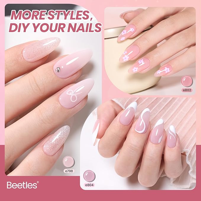 Beetles Pink Gel Nail Polish Set, 8 Colors Nude Pink Jelly Gel Polish Shimmer Glitter Sheer Transparent Effect Classic Neutral Nail Polish Soak Off UV French Nail Art Salon Gift Manicure for Women