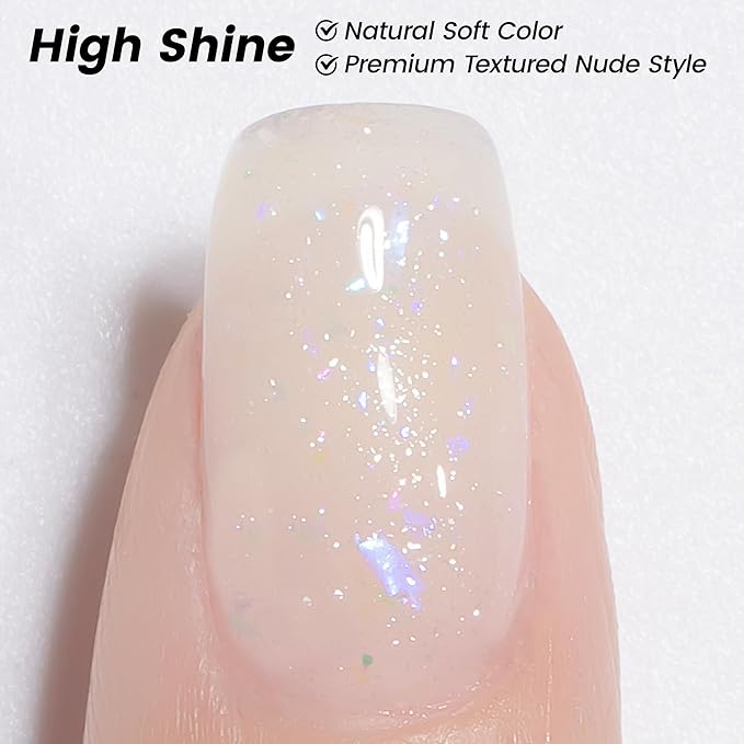 YTD Likomey Brocade Glitter Gel Nail Polish,Nude Iridescent 15ml Milky White Shimmer Jelly Translucent Neutral Holographic Sparkly Flakes Home DIY UV Nail Art Varnish,SF347