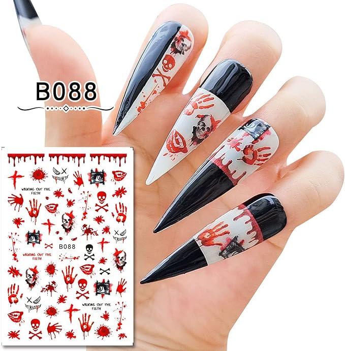 12 Sheets Halloween Nail Art Stickers 3D Self-Adhesive Nail Decals Skull Witch Ghost Horror Mouth Wound Scar Bloody Nail Designs Sticker for Women Girls Kids Halloween Party Supplies
