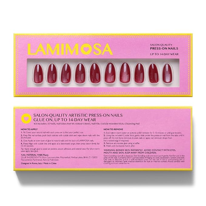 LAMIMOSA 32Pcs Burgundy Red Cat Eye Press On Nails Short Almond – Soft Gel Fake Nails kit in 16 Sizes, Reusable Glue on Nails, SPARKLING RED