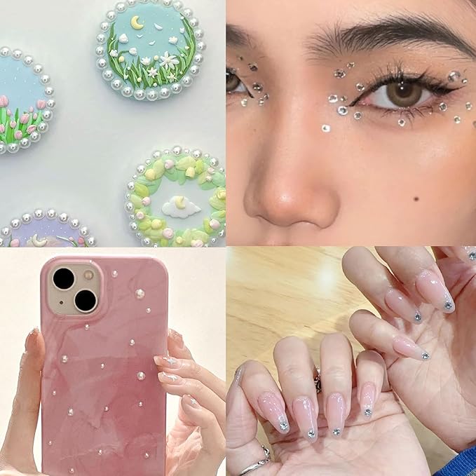 3000Pcs Self Adhesive Pearls and Rhinestones Stickers, Stick on Rhinestone Hair Pearl Diamond Stickers Self Adhesive Face Gems Hair Gems for Face Makeup Nail Art Cell Phone DIY Crafts