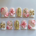 Luxury Press on Nails Short Duck Handmade 3D Unique Reusable ABS Material Fake Nails White French Tip False Nails with Designs Pink Flower Rhinestones Glossy Glue on Nail Thick Acrylic Nail(S)