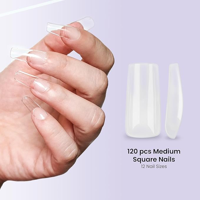 Allkem Soft Gel Full Cover Nail Tips and UV Glue Gel with Portable UV Light | 240 Pcs Short Stiletto & Medium Square Shape Soft Gel Nail Extension Set