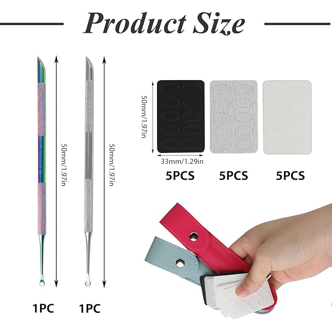 2 Pack Professional Nail Polish Around Cuticle Remover Tools, Pre-treatment Cuticle Pusher with 15 Sheets 100/180/240 Grit Sandpaper, Dual-Ended Russian Nail Polish for Manicure Pedicure Salon