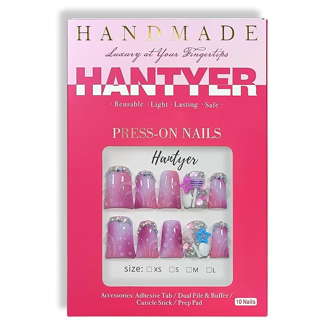 10pcs Short Duck Nails, Pink Ombre Press on Nails with 3D Ripple, Lollipop & Star Charms, Glossy Cute Fake Nails, Reusable Sweet False Nails for Women Birthday Party Carnival Full Set (Size L)