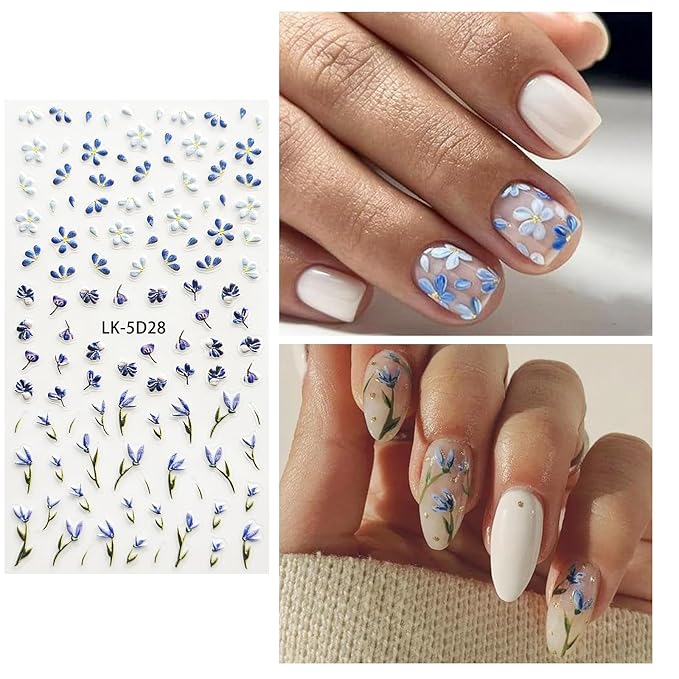 Flower Nail Art Stickers 5D Embossed Flower Nail Decals Spring Summer Blue Flowers Nails Design 3D Self-Adhesive Accessories for Women Nails DIY Decoration(5 Sheets)