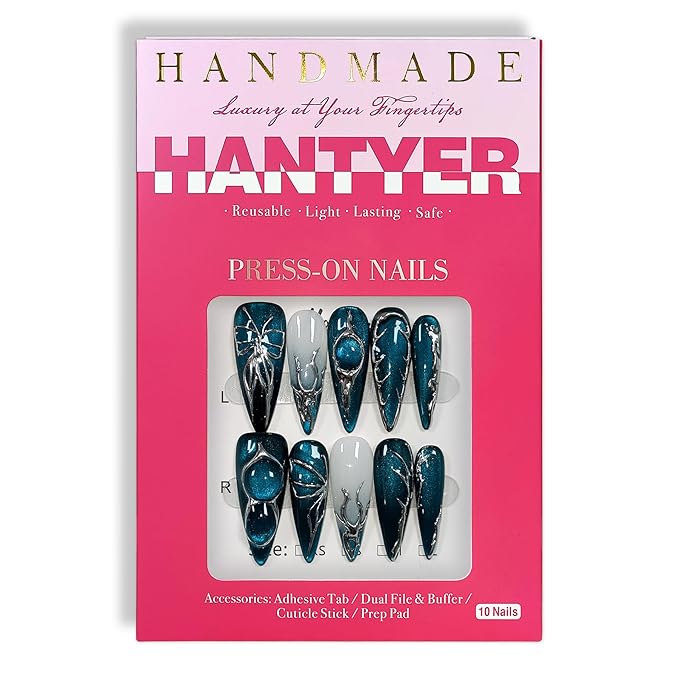 Navy Blue Cat Eye Press on Nails with Hand-Painted Silver Butterfly, Long Stiletto Glossy Edgy Fake Nails, Reusable Sweet & Cool False Nails for Women Night Party Special Event (Size M) ﻿