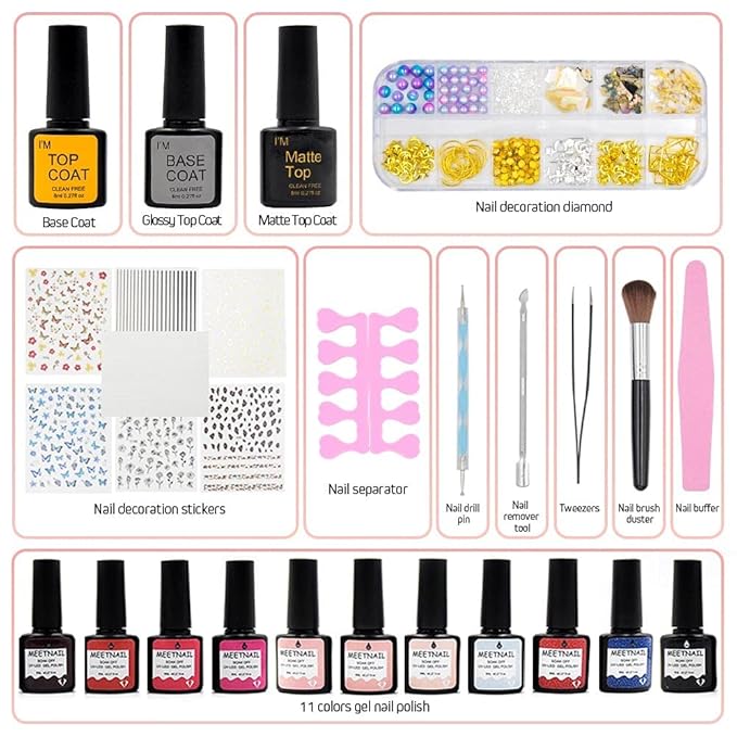 Gel Nail Polish Kit with Nail Art Decorations, Nail Polish Set include 11 Colors with Glossy & Matte Top Coat, Base Coat, Nail Stickers, Rhinestones decorations and Manicure Tools for Women