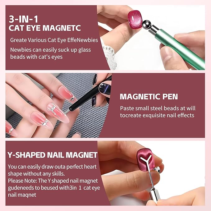 4-Piece Cat Eye Magnet Set – Green Dual-Ended Nail Magnet With Round Bead, Heart Nail Magnets for Nail Art, and Black Magnetic Bead-Pickup Pen, Magnet for Cat Eye Gel Polish DIY Nail Designs