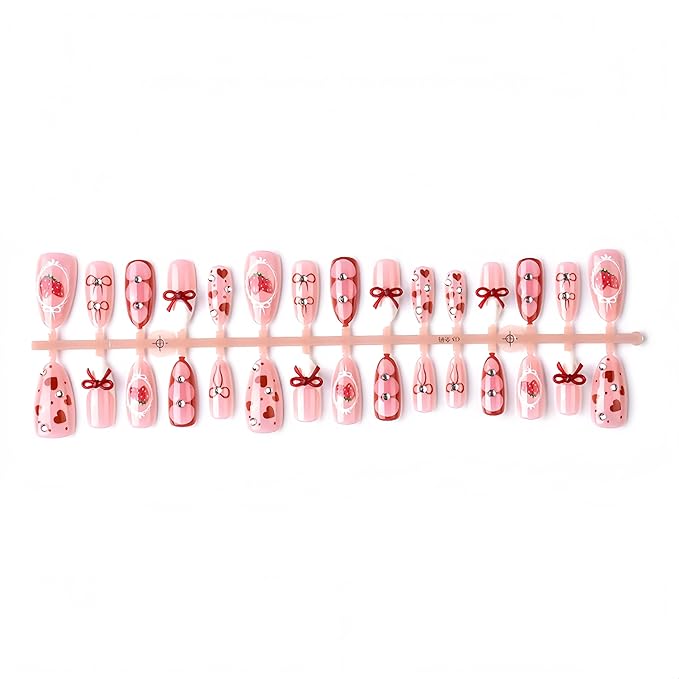 30pcs Valentines Press on Nails Medium Almond Fake Nails with Bow Heart Strawberry Rhinestones Designs White French Tip False Nails Cute Romantic Red Heart Valentine Full Cover Glue on Nail for Women