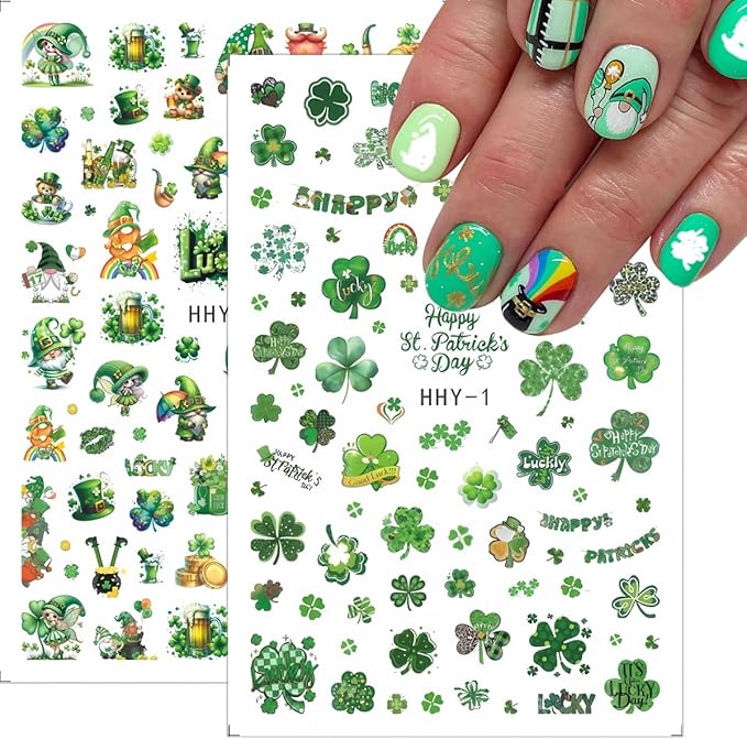 6 Sheets St Patrick’s Day Nail Art Stickers 3D Self- Adhesive Shamrock Nail Stickers Green Clover Hat Letter Golden Coin Irish Design St Patricks Day Nail Decals Nail Art Supplies for Acrylic Manicure