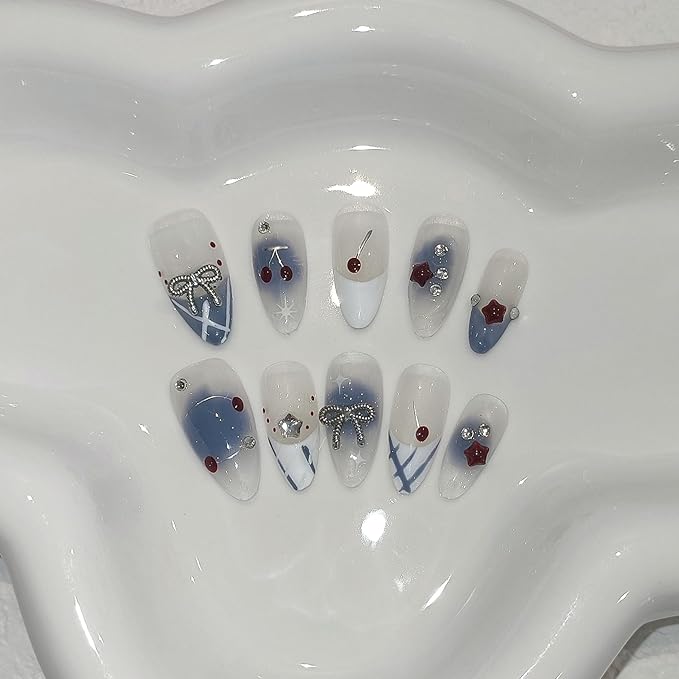 Light Blue White French Press on Nails Medium Almond with 3D Charms Bow Rhinestone Cherry,10Pcs Sweet Girls Summer with Full Kit(L)