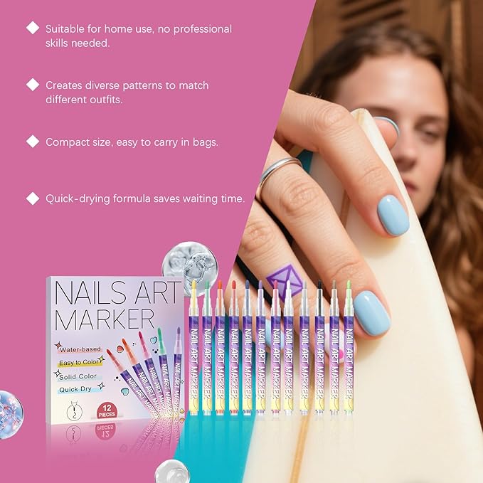 12 Colors Nail Art Pens Set, 0.7mm Sponge Tip Nail Art Markers Nail Pens for Beginners Women