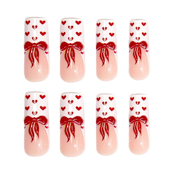 24Pcs Valentines Day Press on Nails Long Square Fake Nails Petite Red Heart False Nails with Cute Red Embossed Bow Designs White French Tips Nails Press ons Glossy Mini Heart Acrylic Nail for Women
