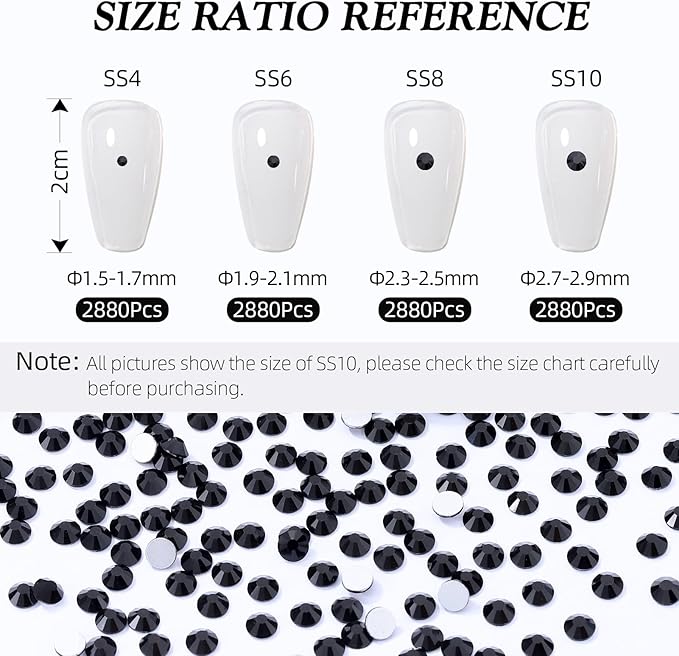 Black Flatback Rhinestones, Glass Rhinestones for Nail Art and Craft, Glue Fix, Loose Crystal Gemstones(Black, SS4, 2880pcs, 1.5-1.7mm)