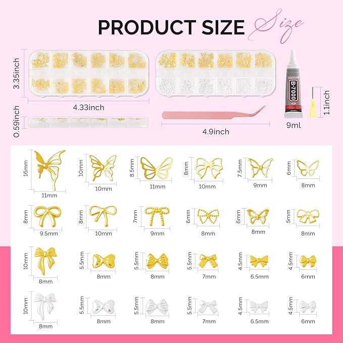 MelodySusie 3D Nail Charms and Gems, 2 Acrylic Boxes Bowknot Golden Silver Alloy Butterfly Bow Nail Art Studs With Tweezer for Y2K Manicure Nails Design Supplies DIY Crafts Decoration