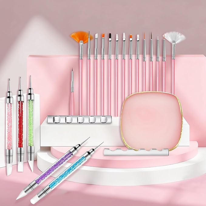 Nail Art Brushes, 23Pcs Set Nail Art Tools, including 2 Way Nail Art Sculpture Pen Dotting Pen Tools, Nail Art Brushes with Nail Brush Brackets, Resin Nail Art Palette for Nail Art DIY Tools (Pink)
