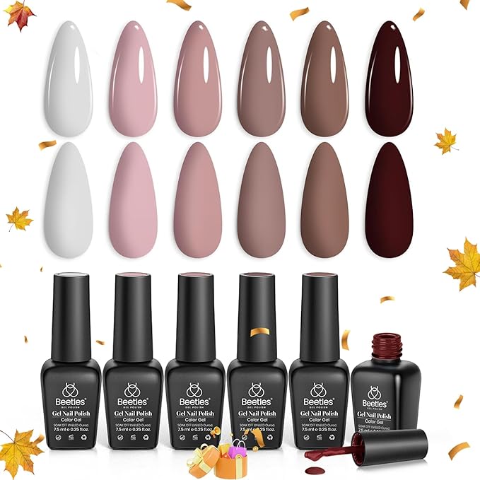 Beetles Neutral Gel Polish Set - Nude Pink Brown Neutral White Colors 6 Colors Gel Nail Polish Set for Nail Art Manicure Soak Off Uv LED Nail Lamp Needed Gifts for Women Coffee Time