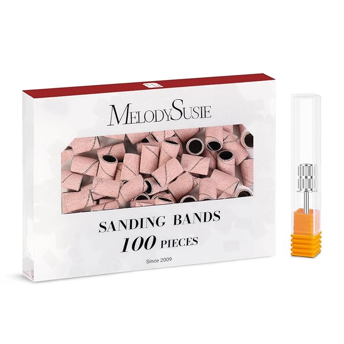 MelodySusie 100 Pcs Nail Drill Bits Sanding Bands for Nail Drill 180 Fine Grit Nail File Sanding Bands for Acrylic Nails Gel Manicures and Pedicure