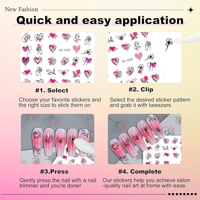 12 Sheets Valentine's Day Nail Sticker for Nails Art 3D Embossed Self-Adhesive Pink Red Love Heart Lips Valentine's Day Nail Decal Design Supplies for Women DIY Manicure Art Decoration YX1241