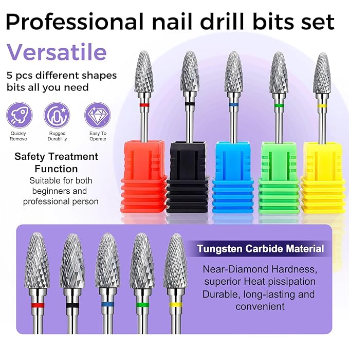 Fantexy Nail Drill Bits Set for Acrylic Nails,3/32 Inch Professional Tungsten Nail File Bits Nail Art Tools,Manicure Pedicure Shapen Remove Tools, Home Salon Use(5Pieces
