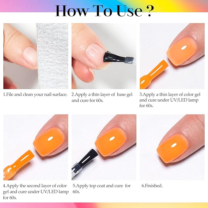 MTSSII Jelly Gel Nail Polish Translucent Neon Nail Polish Hot Pink Blue Purple Rainbow Neon Yellow Green Orange Gel Polish See Through Nail Trend Soak Off UV LED Nail Art Manicure Kit