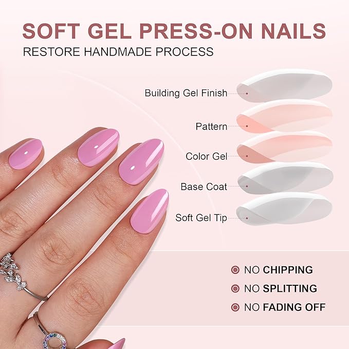 Gel Press On Nails - Pink Almond Short Fake Nails With Glue, 16 Sizes, 32Pcs Reusable Soft Gel False Tips Kit