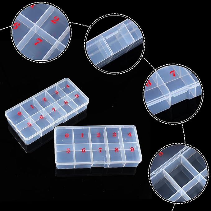 2 Pieces Nail Tip Box Empty False Nail Tips Organizer Box with 10 Number Spaces Storage Case Container Nails Plastic Grid Boxes for Fingernail Crystal Jewelry Accessories(White)