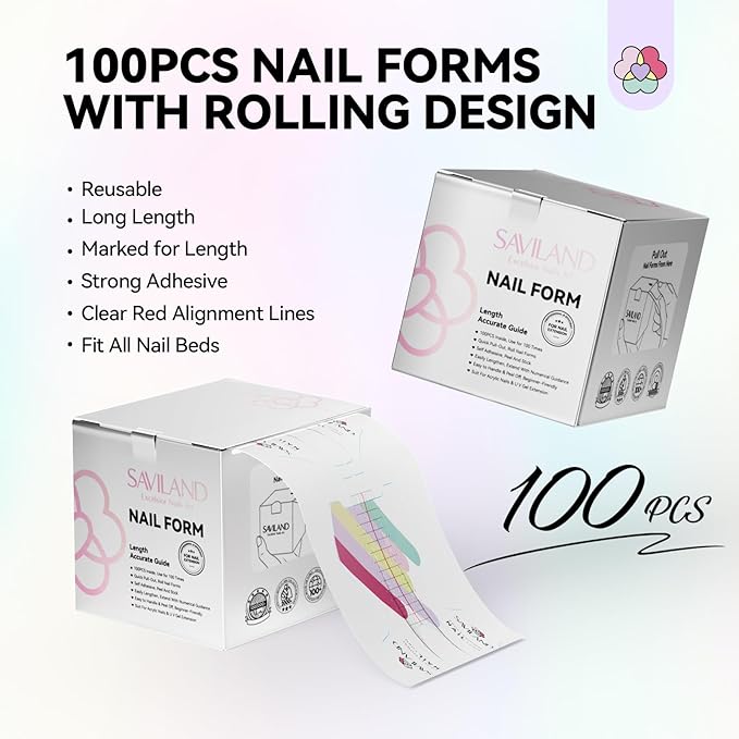 SAVILAND Plus Nail Forms: Reusable Sticky Nail Form for Builder Gel Super Adhesive Nails Extension Forms for Acrylic Nails with Precise Length Guide