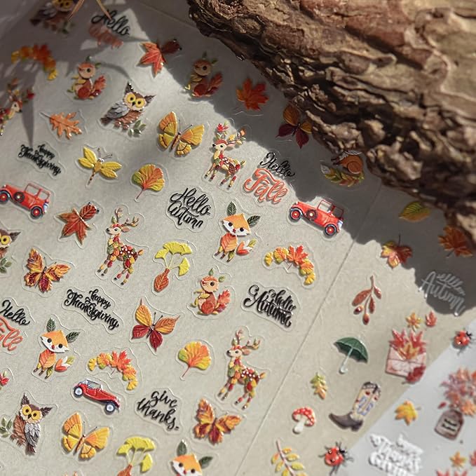 Fall Nail Art Stickers 5D Embossed Fox Nail Stickers 3D Self-Adhesive Squirrel Nail Decals Autumn Elk Owl Nail Designs Orange Maple Car Nail Art Decoration for Women Girls Manicure 1 Sheet