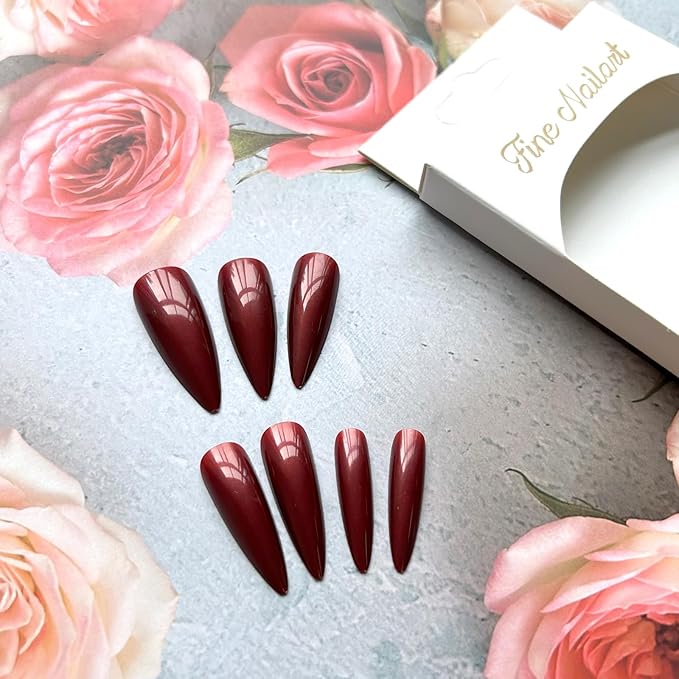 Stiletto Press on Nails Long Halloween Fake Nails Bloody False Nail Dark Red Acrylic Nails Cosplay Manicure Full Cover Stick on Nail Jelly Press on Nails for Women Girls 24Pcs